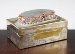 Anthony Redmile. A rectangular silver plated cigarette box, the lid mounted with a slice of agate,