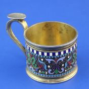 A late 19th century Russian 84 zolotnik silver gilt and cloisonne enamel cup by Khlebnikov, with