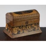 A Tunbridge ware stained bird's eye maple 'Warwick Castle' mosaic box, 7.25in.