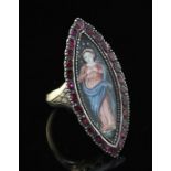 A 19th century gold and silver gem set navette shaped ring with painted panel of a lady, with