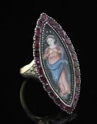 A 19th century gold and silver gem set navette shaped ring with painted panel of a lady, with