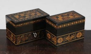 Two Tunbridge ware coromandel perspective cube and geometric mosaic ink bottle boxes, probably