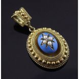 A Victorian gold, enamel, split pearl and rose cut diamond set oval pendant locket, the setting with