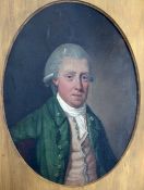 English School c.1780oil on canvas laid on board,Portrait of a gentleman wearing a green coat,