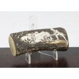 A 19th century German stag horn snuff box, the lid relief carved with a boar hunting scene, 4.75in.