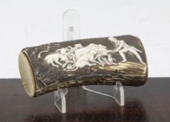 A 19th century German stag horn snuff box, the lid relief carved with a boar hunting scene, 4.75in.