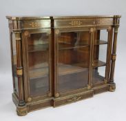 A Victorian rosewood banded, marquetry inlaid and ormolu mounted breakfront side cabinet, fitted
