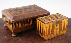An early 19th century Tunbridge ware 'Vandyke' marquetry sewing box and similar tea caddy, 13in.