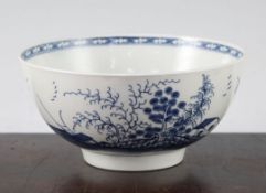 A Worcester Rock Island Strata pattern bowl, c.1770-80, printed in blue, open crescent mark to base,