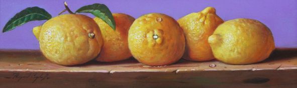 Raymond Campbell (20th C.)oil on board,Lemons,signed,4.5 x 14.5in.
