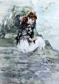 Gordon King (b.1939)watercolour,Girl seated on a jetty,signed,14 x 10in.