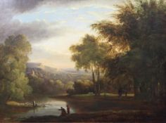 JBoil on canvas,River landscape with anglers in the foreground,monogrammed,24 x 33in.