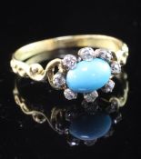 A late Victorian gold, turquoise and old cut diamond set cluster ring, of oval form, with