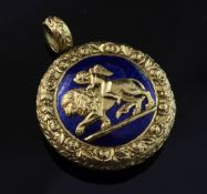 An early 19th century style high carat gold and blue guilloche enamel circular locket, with