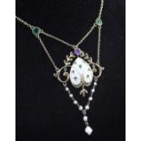 An Edwardian silver gilt, enamel, baroque pearl, marcasite and coloured paste set drop "Suffragette"