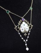 An Edwardian silver gilt, enamel, baroque pearl, marcasite and coloured paste set drop "Suffragette"