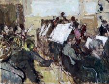 § Bernard Dunstan RA (1920-2011)oil on board,The BBC Symphony Orchestra rehearsing at Broadcasting
