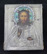 Russian Schooloil on wooden panel,Icon depicting Christ Pantocrator, with enamelled silver oklad,7 x