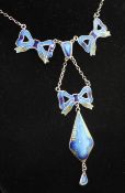 A mid 20th century? silver and guilloche enamel pendant drop necklace, with three ribbon bow