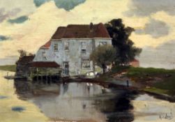 Adolphe Le Comte (Dutch, 1850-1921)oil on wooden panel,Waterside house,signed,8.75 x 12.25in.