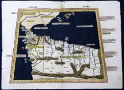 Claudius Ptolemycoloured engraving,Prima Affri; Map of Mauritania and The Balearic Islands, 1486,