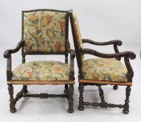A pair of Louis XVI style carved and stained beech open armchairs, with tapestry upholstered backs