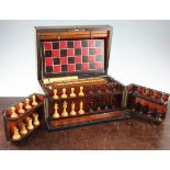 A Victorian burr walnut cased games compendium, with hinged lid and front doors opening to reveal