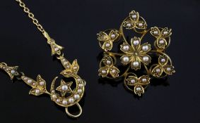 An Edwardian gold and seed pearl set pendant/brooch necklace, with foliate, crescent moon and star