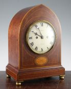 A late Victorian inlaid mahogany lancet mantel clock with dial signed Maple, London, 14.5in.