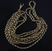An Edwardian 9ct gold guard chain, gross weight 34 grams, 57.5in.