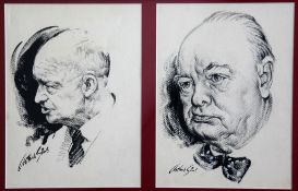 Arthur Simspair of gouache heightened with white,Portraits of Eisenhower and Winston Churchill,