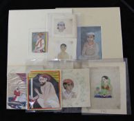 Nine Indian School watercolour and gouache portrait miniatures, largest 8.5in.