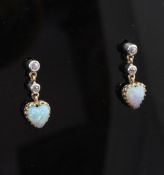 A pair of Edwardian gold, white opal and diamond drop earrings, each set with a heart shaped opal