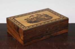 A Tunbridgeware rosewood 'Prince of Wales' mosaic jewellery box, 9in.