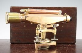 A Stanley polished brass and copper theodolite, No.45098, with a mahogany box