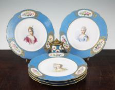 A set of five Sevres style porcelain plates, and a similar inkwell, late 19th century, each