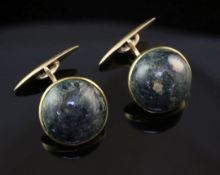 A pair of 14ct gold and cabochon hardstone cufflinks, gross weight 11 grams.