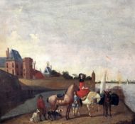 Flemish Schooloil on wooden panel,Lady on horseback beside a jetty,17.5 x 19in.