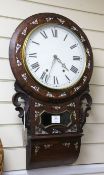 A Victorian mother of pearl inlaid rosewood drop dial wall clock, with Roman dial and glazed