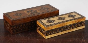 Two Tunbridge ware half square mosaic inlaid rectangular boxes, one with a squirrel, the other a