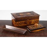 A Tunbridge ware rosewood banded mosaic letter box, blotter and a pen tray, 10in.