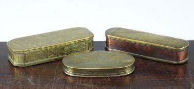 An 18th century Dutch engraved copper and brass tobacco box, together with two other similar Dutch