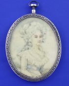 An early 20th century continental? silver and blue guilloche enamel oval miniature frame,