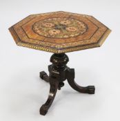 A 19th century octagonal topped rosewood occasional table, inlaid with ebony and cut brass and