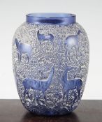 A Rene Lalique 'Biches' cobalt blue glass vase, introduced 1932, with white patina to the