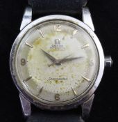 A gentleman's mid 1950's stainless steel Omega Seamaster Automatic wrist watch, with baton numerals,