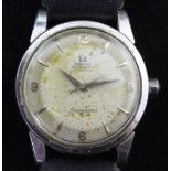 A gentleman's mid 1950's stainless steel Omega Seamaster Automatic wrist watch, with baton numerals,