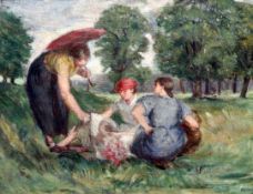 Attributed to Lillian Brownoil on canvas,Picnickers,13 x 17in.