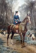 Charles-Fernand "de" Condamy (1855-1913)watercolour,Lady equestrian with hunting dogs,signed,27 x