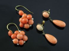 A pair of gold, coral and seed pearl cluster earrings and a pair of 9ct gold and coral drop